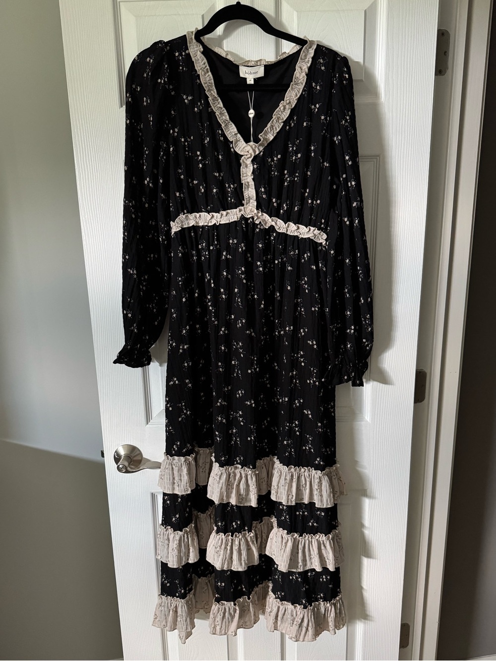 Bohme Black Floral Ruffle Midi Dress with Cream Trim